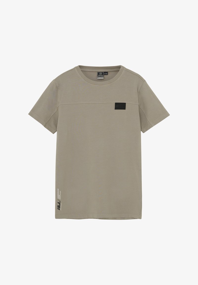 Licht taupe korte mouw t-shirt, katoenmix, ronde hals, heeft een zwart label op de borst en brandingdetail aan de zijkant.
