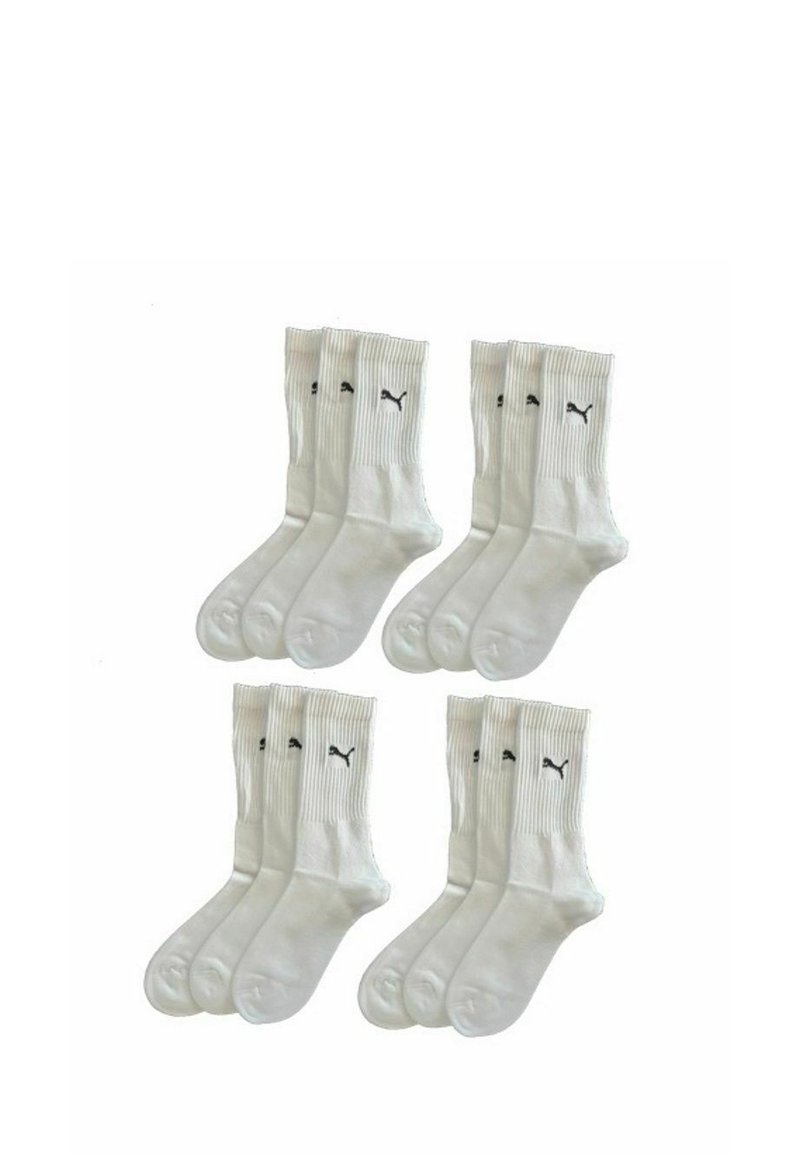 Weiße Baumwoll-Sportsocken mit ribbed Design und schwarzen Logo-Akzenten. Set enthält sechs Paare. Glatte Textur, mittellange Länge.