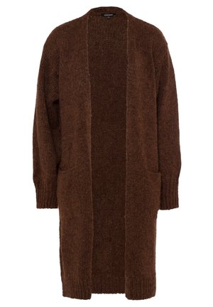 Pitkä ruskea neulottu avoimella edustalla varustettu neuletakki, jossa on kaksi etutaskua sekä resorit hihansuissa ja helmassa.