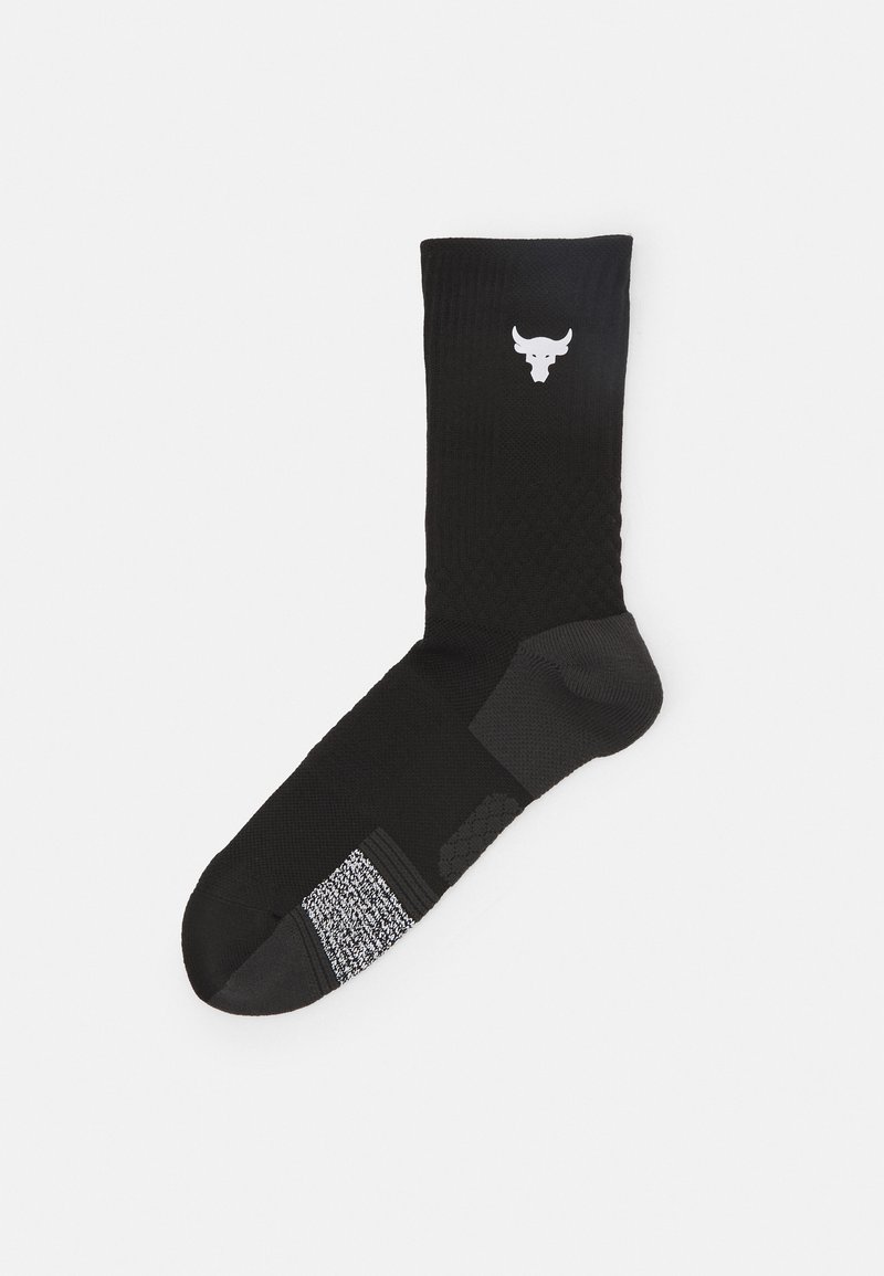 Musta urheil socksi, jossa on valkoinen härkälogo, teksturoitu kudonta ja harmaat korostusraidat pohjassa, jotka tarjoavat lisäpitoa ja tukea.