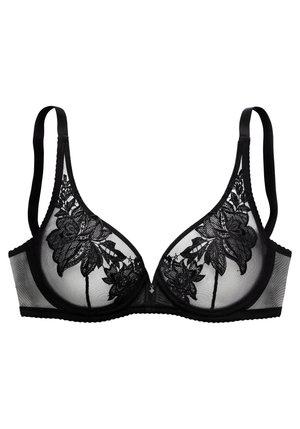 Soutien-gorge noir transparent avec armature, bretelles réglables et broderie florale en dentelle sur les bonnets.