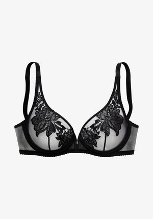 Schwarzer transparenter BH mit Bügel, verstellbaren Trägern und floraler Spitzenstickerei auf den Cups.