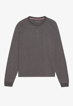 Long-sleeve henley shirt in dark gray, made of a soft material with raglan sleeves, two-button placket, and contrasting fabric at the collar.