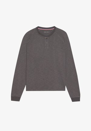 Long-sleeve henley shirt in dark gray, made of a soft material with raglan sleeves, two-button placket, and contrasting fabric at the collar.
