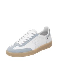 White sneaker with light blue suede accents, round toe, white laces, and a gum rubber sole. Features a logo on the side.