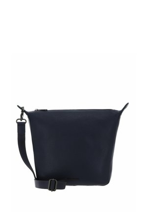 Sac en cuir texturé bleu marine à bandoulière réglable, avec fermeture éclair, présenté sur un fond blanc.