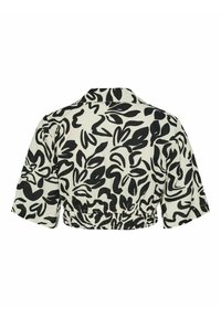 Camicetta tagliata in crema con stampa floreale astratta nera, caratterizzata da maniche corte, colletto e una vita elasticizzata per una vestibilità ottimale.