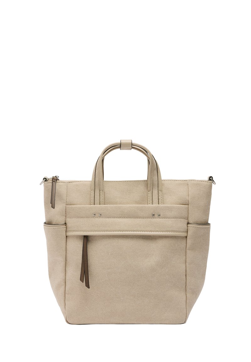 Beżowa torba tote z płótna z podwójnymi uchwytami, zamykana na zamek błyskawiczny, z przednią kieszenią i brązowymi skórzanymi akcentami. Minimalistyczny design z widocznie szytymi detalami.