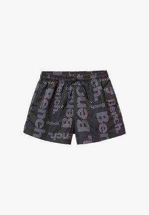 Schwarze Badehose mit elastischem Bund, Kordelzug und wiederholtem "Bench."-Logo-Muster in Dunkelgrau auf glattem Stoff.
