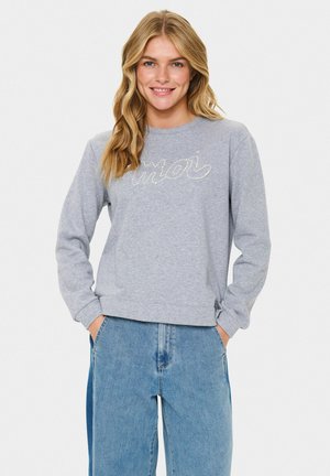 Grijze sweatshirt van een katoenmix, met een ronde hals en lange mouwen. Versierd met "amour" in rhinestones over de borst.