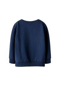 Felpa blu navy con scollo rotondo, maniche lunghe e polsini a costine, caratterizzata da una trama liscia e una vestibilità comoda.