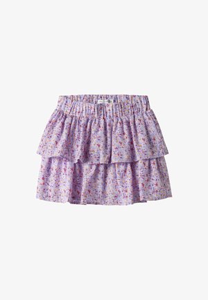 Jupe florale violette avec deux volants superposés, taille élastique et petits motifs de fleurs multicolores.