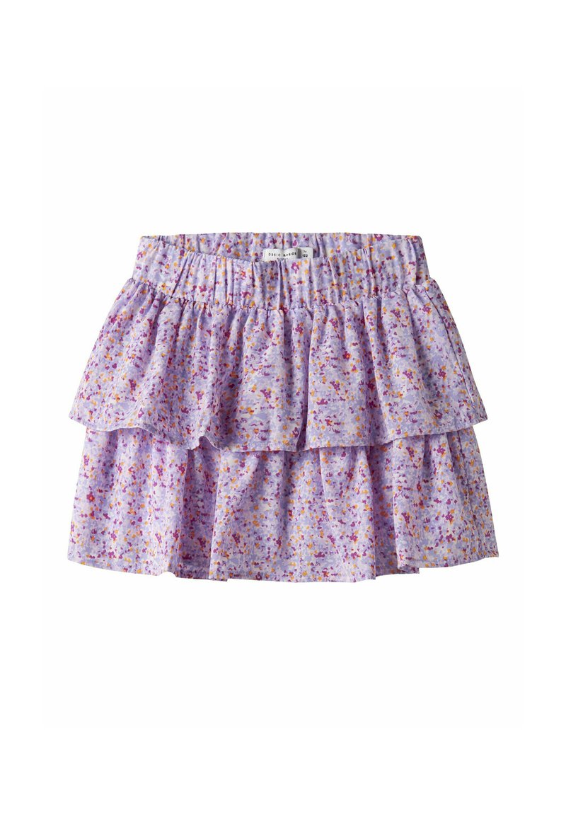 Jupe florale violette avec deux volants superposés, taille élastique et petits motifs de fleurs multicolores.
