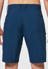 Marineblaue Shorts aus leichtem Material, mit flachem Bund, Gürtelschlaufen und zwei Gesäßtaschen mit gestickten Details.