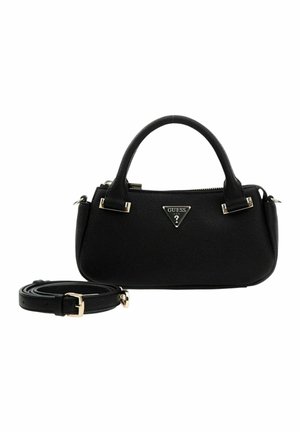 Sac à main noir en similicuir texturé, avec des détails en métal doré, un logo triangulaire et une bandoulière amovible.