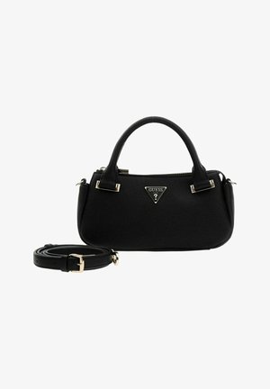 Sac à main noir en similicuir texturé, avec des détails en métal doré, un logo triangulaire et une bandoulière amovible.