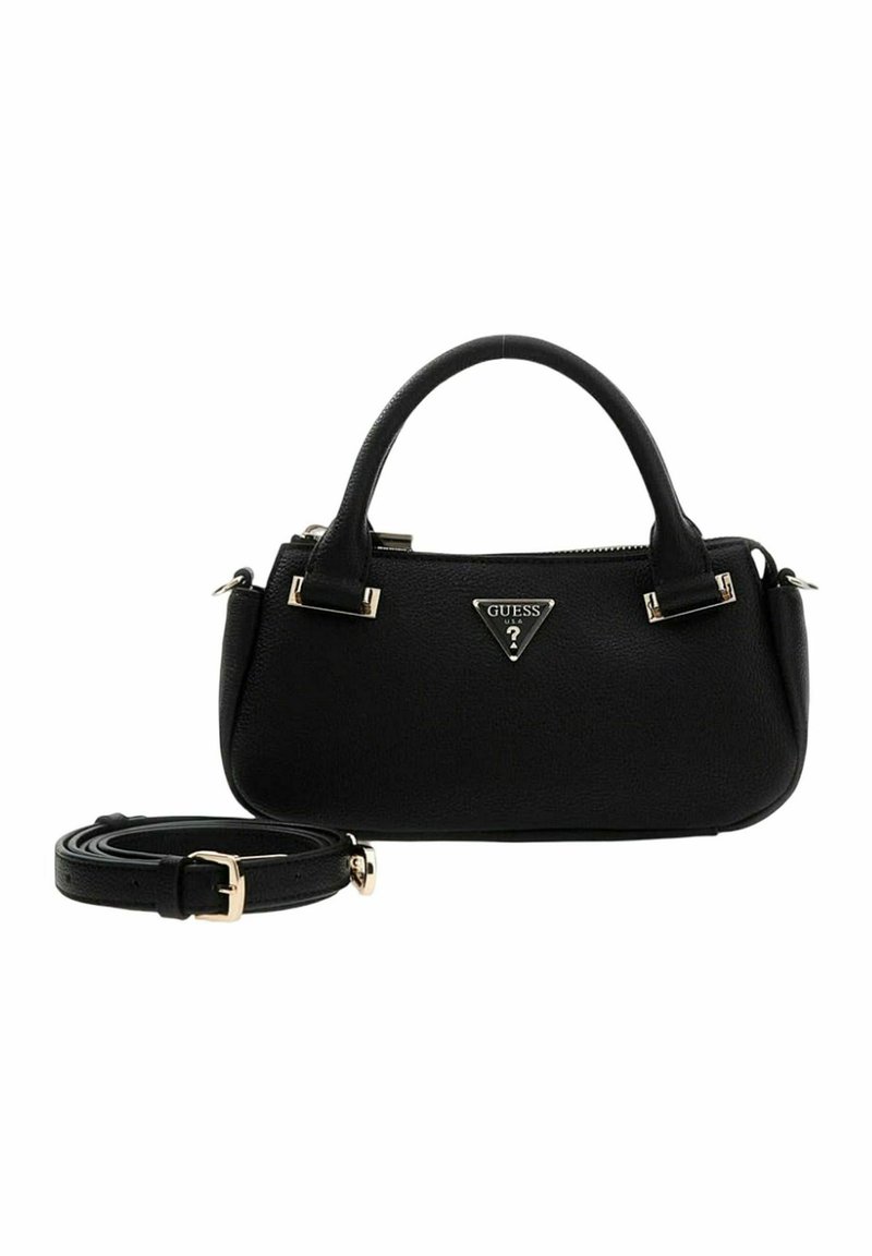 Sac à main noir en similicuir texturé, avec des détails en métal doré, un logo triangulaire et une bandoulière amovible.