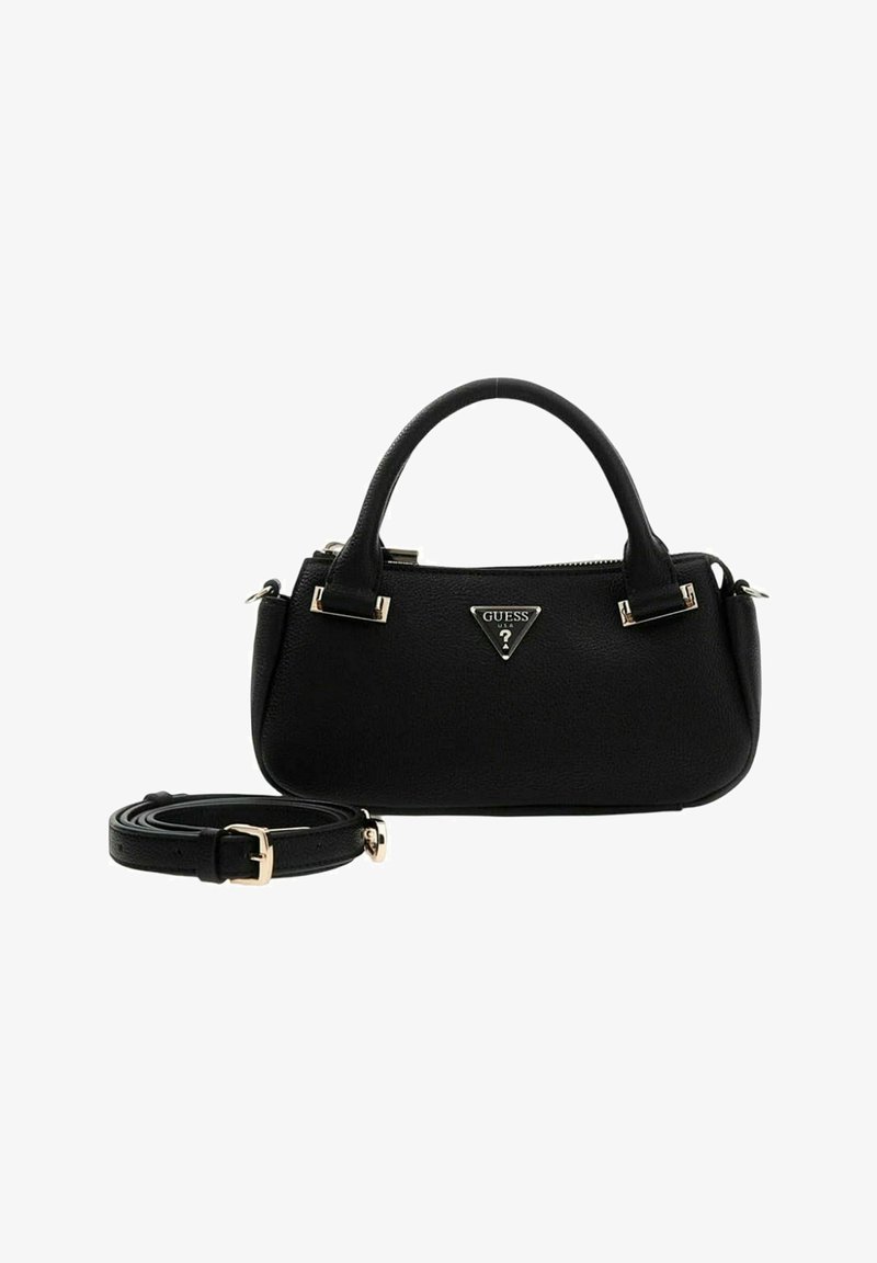 Sac à main noir en similicuir texturé, avec des détails en métal doré, un logo triangulaire et une bandoulière amovible.