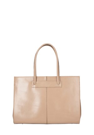 Sac fourre-tout en cuir beige avec deux poignées, de forme rectangulaire, texture lisse et un design simple et dépouillé mettant en avant des coutures visibles.