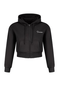 Sweat à capuche noir court zippé avec poches avant, capuche à cordon, poignets et ourlet élastiques, et texte blanc en écriture cursive sur la poitrine gauche.