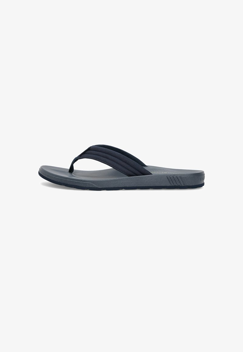 Dark gray flip-flop sandal with padded fabric toe strap and textured footbed, shown in side profile on a white background.