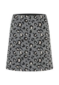Grauer A-Linie-Rock mit einem Leoprint-Muster in Schwarz und Beige. Hergestellt aus einem strukturierten Stoff mit einem glatten Bund.