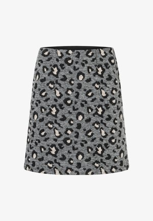 Grauer A-Linie-Rock mit einem Leoprint-Muster in Schwarz und Beige. Hergestellt aus einem strukturierten Stoff mit einem glatten Bund.