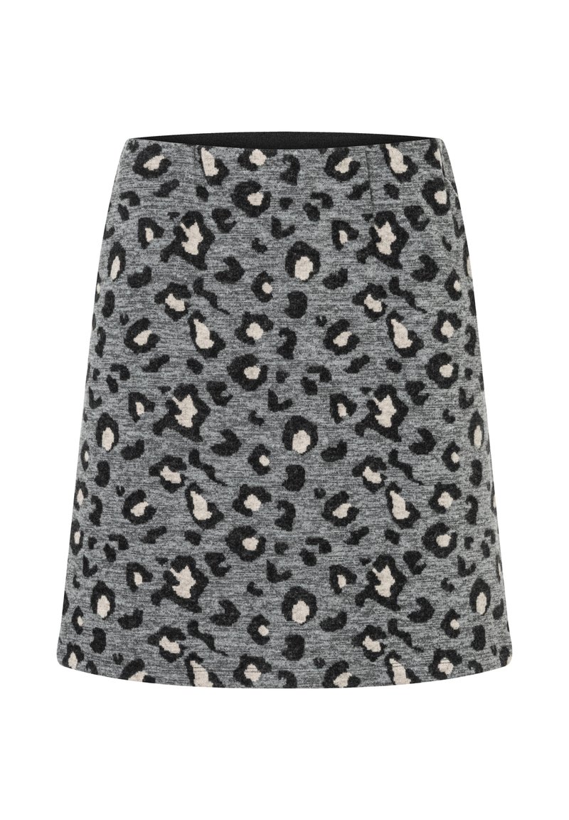 Grauer A-Linie-Rock mit einem Leoprint-Muster in Schwarz und Beige. Hergestellt aus einem strukturierten Stoff mit einem glatten Bund.