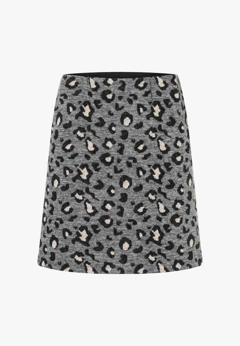 Grauer A-Linie-Rock mit einem Leoprint-Muster in Schwarz und Beige. Hergestellt aus einem strukturierten Stoff mit einem glatten Bund.