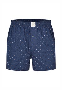 Marineblauwe katoenen boxers met een elastische tailleband, voorzien van kleine, gelijkmatig verdeelde lichtgekleurde stippen en een knoopsluiting aan de voorkant.
