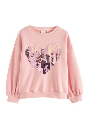 Rosa Sweatshirt mit Rundhalsausschnitt, ausgestattet mit einem großen Herzdesign aus Pailletten in verschiedenen Rosa- und Lilatönen. Puffärmel und gerippte Bündchen.