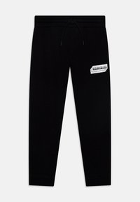 Schwarze Sweatpants aus weichem Material, mit einem elastischen Bund und einem Kordelzug sowie einem weißen Logopatch an der Seite.