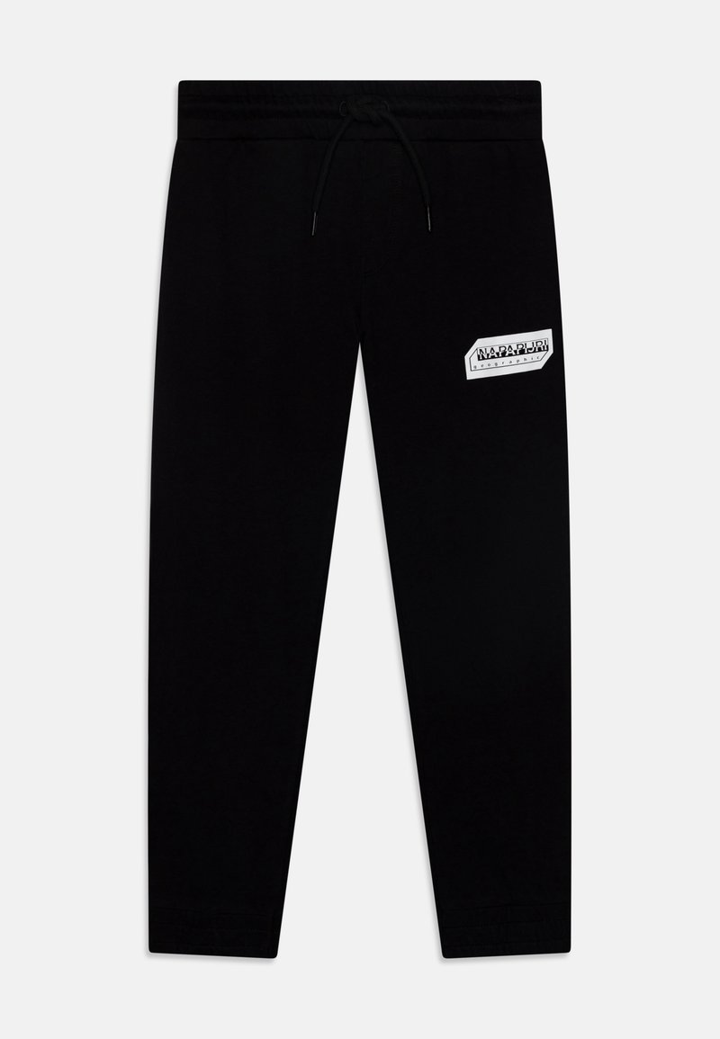 Schwarze Sweatpants aus weichem Material, mit einem elastischen Bund und einem Kordelzug sowie einem weißen Logopatch an der Seite.