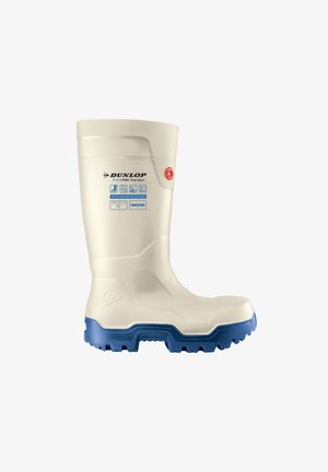 White Dunlop Field PRO Thermo+ insulated safety boot with blue rugged sole and safety certification labels on the side.