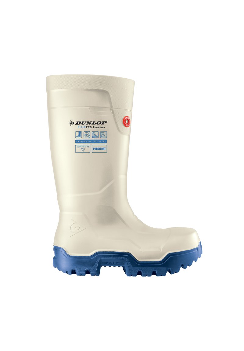 White Dunlop Field PRO Thermo+ insulated safety boot with blue rugged sole and safety certification labels on the side.