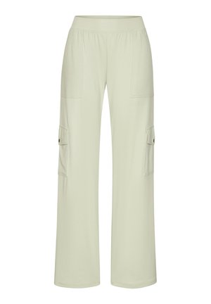 Light beige wide-leg pants with elastic waistband and flap cargo pockets on both thighs.
