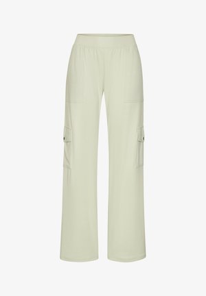 Light beige wide-leg pants with elastic waistband and flap cargo pockets on both thighs.
