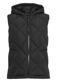 Czarna bezrękawnik pikowany z kapturem, zapinany na suwak z przodu i posiadający dwie boczne kieszenie. Gładka, puchowa tekstura z wzorem w diamenty.