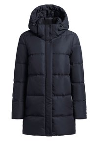 Navy puffer coat with a hood, snap and zip front closure, quilted design, and long sleeves, made from a smooth, lightweight material.