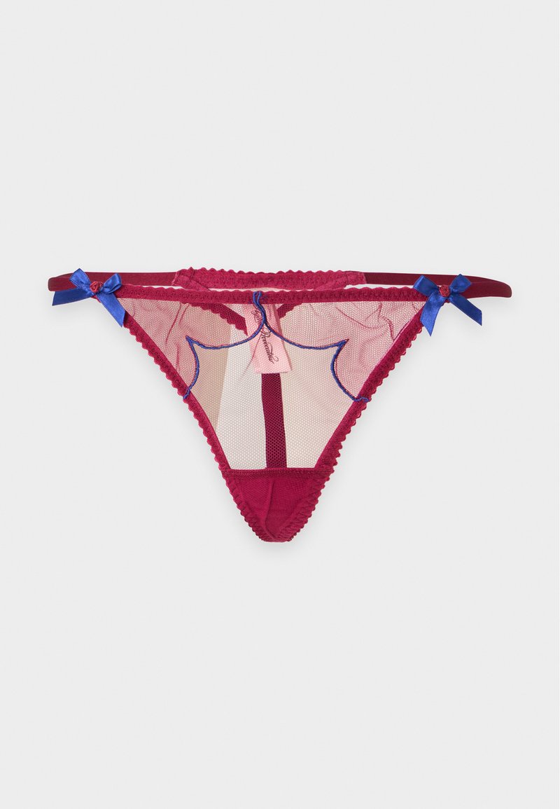 String en dentelle bordeaux transparente avec des nœuds de ruban bleu sur les côtés et une délicate couture bleue sur le panneau avant.