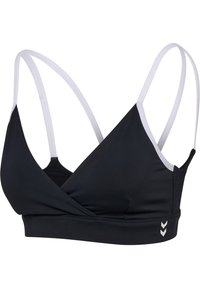 Svart sportbehå med korsande framdesign, justerbara tunna vita band och en slät yta. Har små vita chevron-accenter.