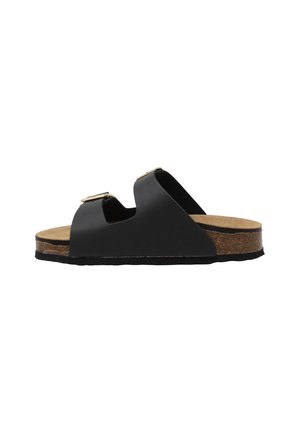 Sandalo aperto nero con punta aperta, due cinturini regolabili, plantare in sughero e suola nera, mostrato in vista laterale su sfondo bianco.