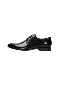 Scarpe eleganti in pelle nera con un design slanciato, punta affusolata e superficie liscia con cuciture minime. Suola piatta in gomma per una maggiore stabilità.