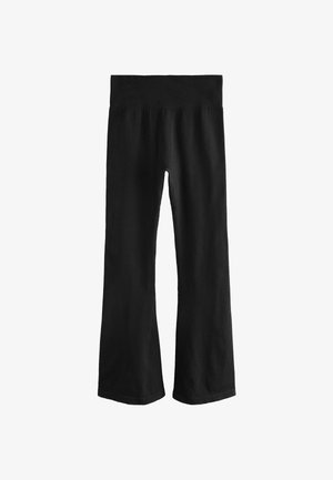 Mustad soonikudega laiad püksid kõrge elastse vöökohaga. Tekstuur on pehme, millel on peen mustrit, mis on loodud sooniku kaudu.