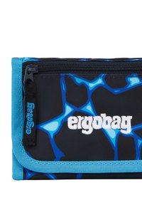 Black and blue patterned fabric pencil case with a zipper, blue trim, and "ergobag" embroidered in white on the front.