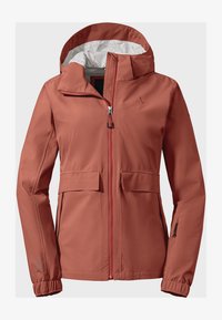 Chaqueta resistente al agua color rojo anaranjado, con capucha, cremallera frontal, dos grandes bolsillos delanteros y puños elásticos. Textura suave con un diseño minimalista.