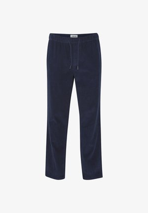Granatowe spodnie sztruksowe z elastycznym pasem i sznurkiem, z pionowymi prążkami, prostymi nogawkami i bocznymi kieszeniami.
