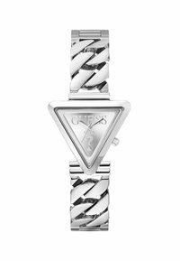 Reloj triangular plateado con una correa de metal texturizada, que presenta una esfera minimalista grabada con el logo de la marca y un ícono de signo de interrogación.