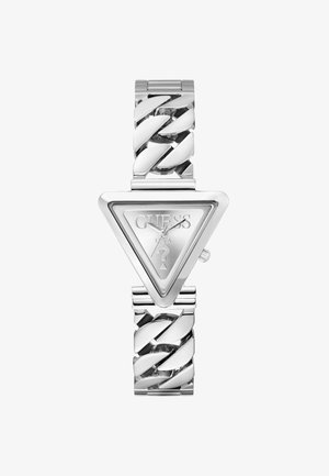 Montre triangulaire en argent avec un bracelet en métal texturé, présentant un cadran minimaliste gravé du logo de la marque et d'un icône de point d'interrogation.