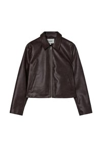 Bruine leren cropped jack met een kraag, ritssluiting aan de voorkant en twee zijzakken. Glad textuur met een nauwsluitende pasvorm.